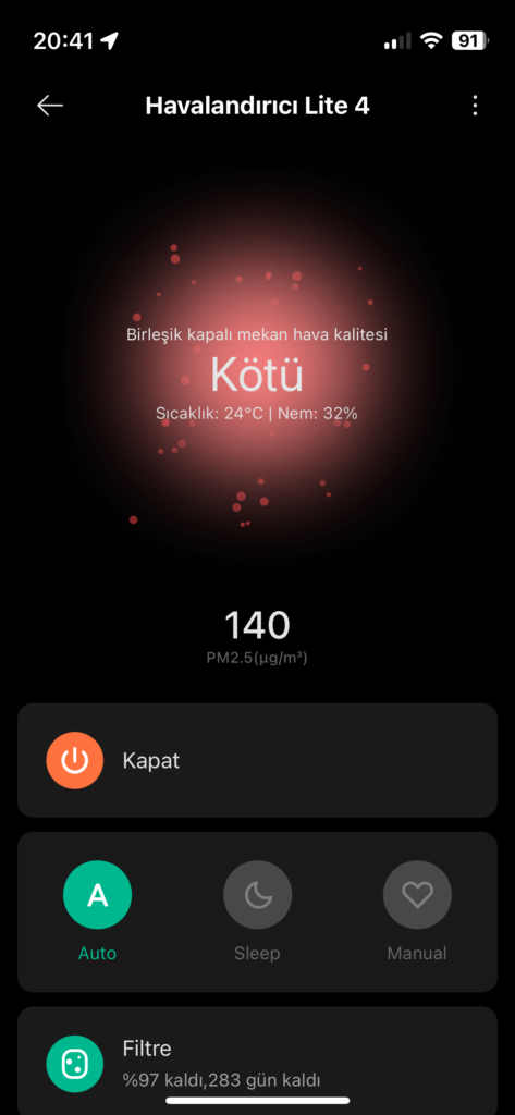 Xiaomi Mi Home Hava Temizleyici Uygulama Görüntüsü